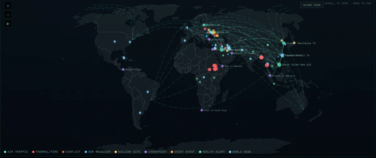 Flat map view với OSINT markers — view thay thế cho 3D globe