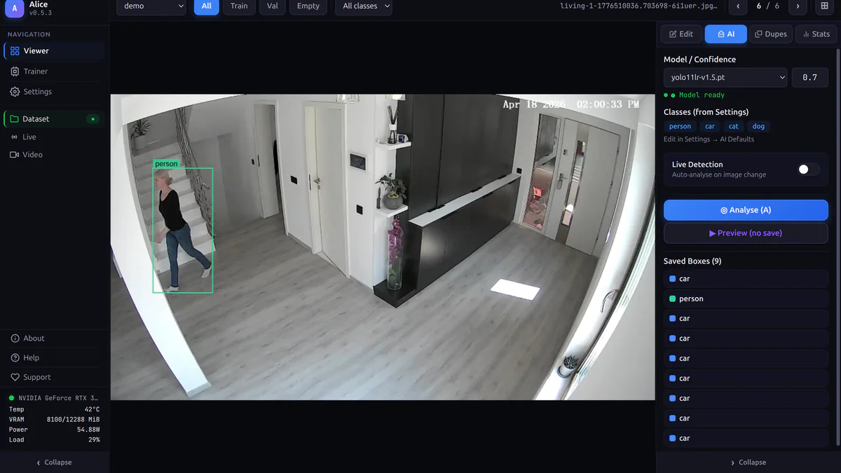 Giao diện viewer của ALICE với bounding box trên footage camera