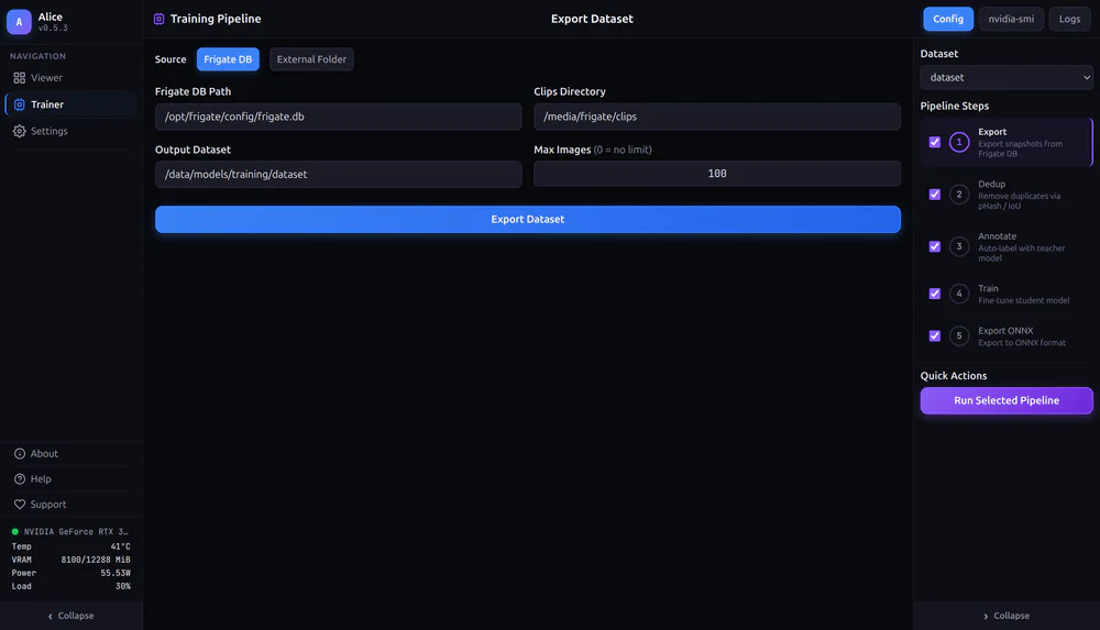 Training Pipeline với 5 bước: Export, Dedup, Annotate, Train, Export ONNX