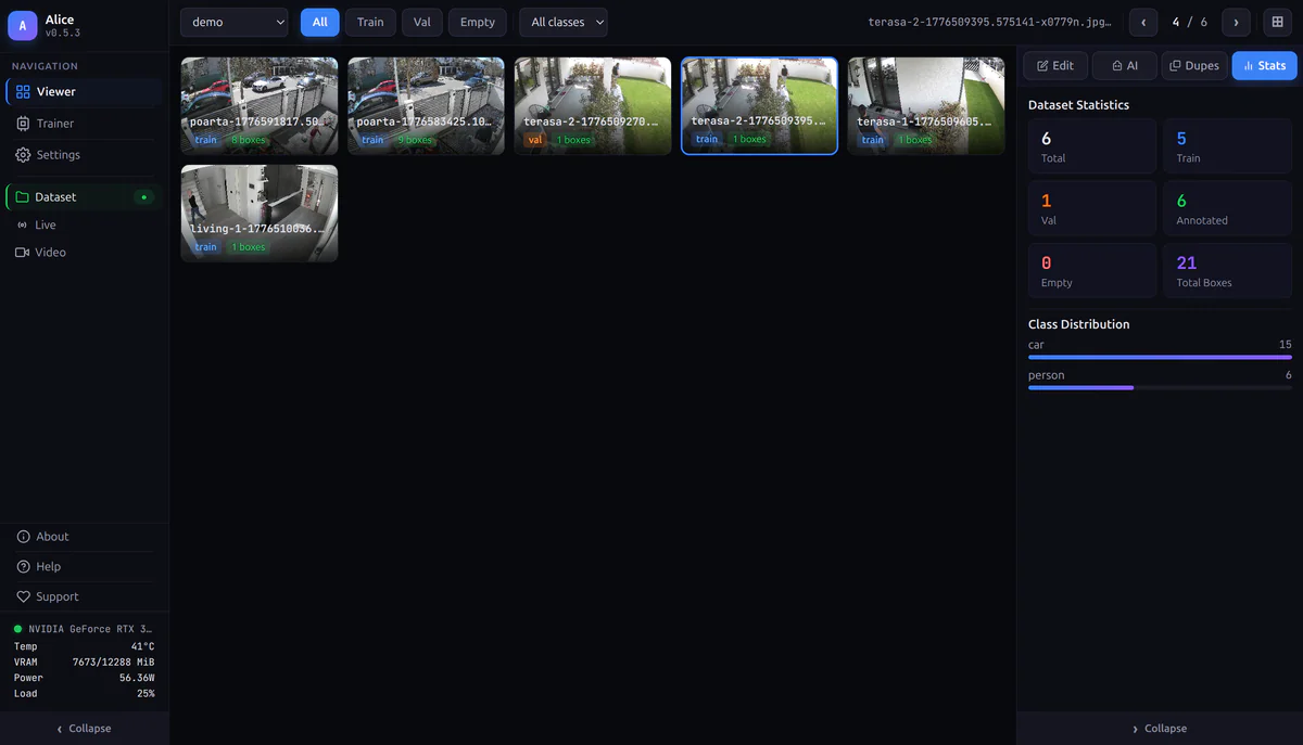 Gallery view với Dataset Statistics: total, train, val, annotated, total boxes, class distribution