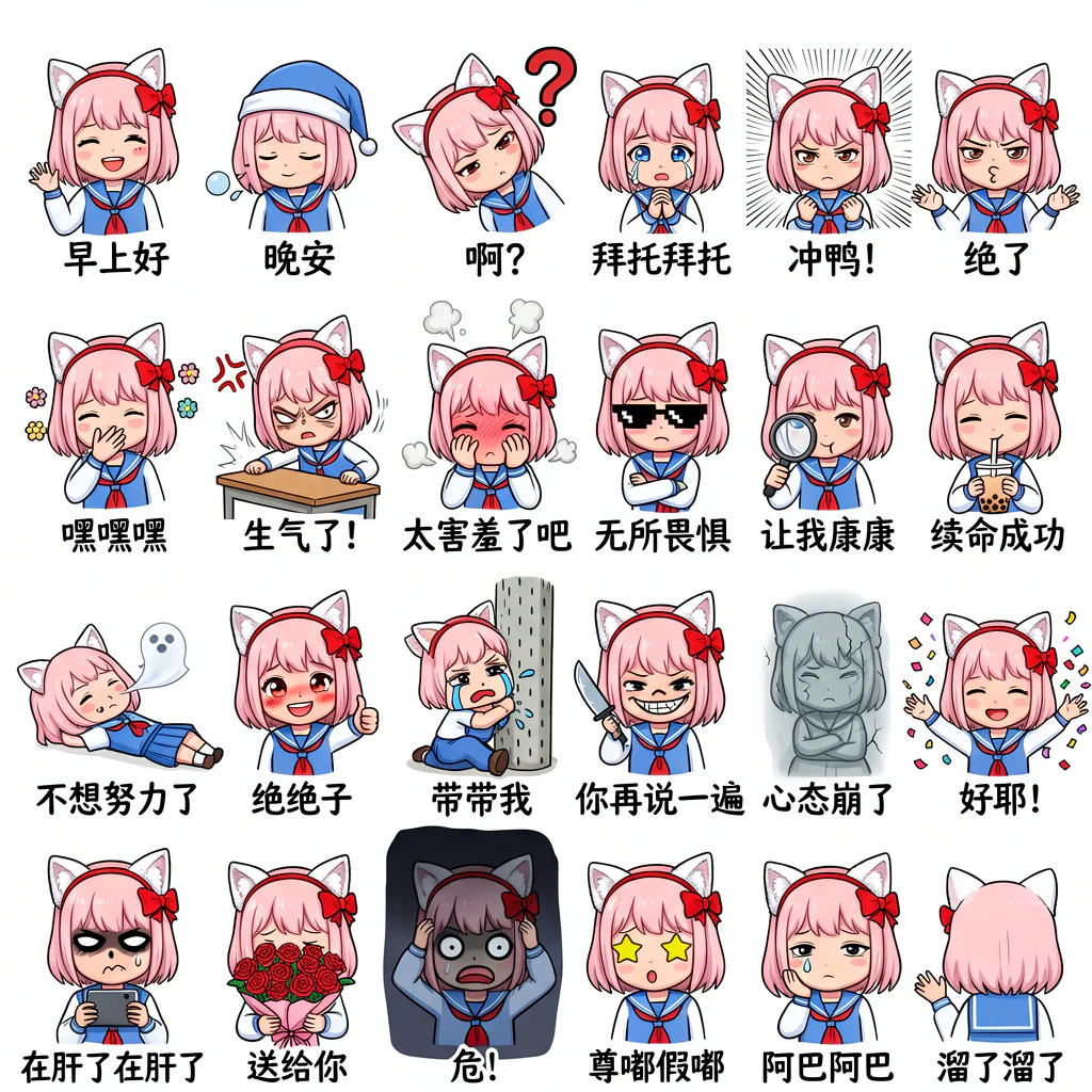 Bộ sticker anime đa biểu cảm do ERNIE-Image render trong một lần generate
