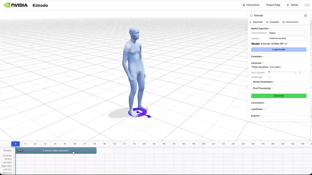 Web demo Kimodo với timeline editor để chain nhiều prompt