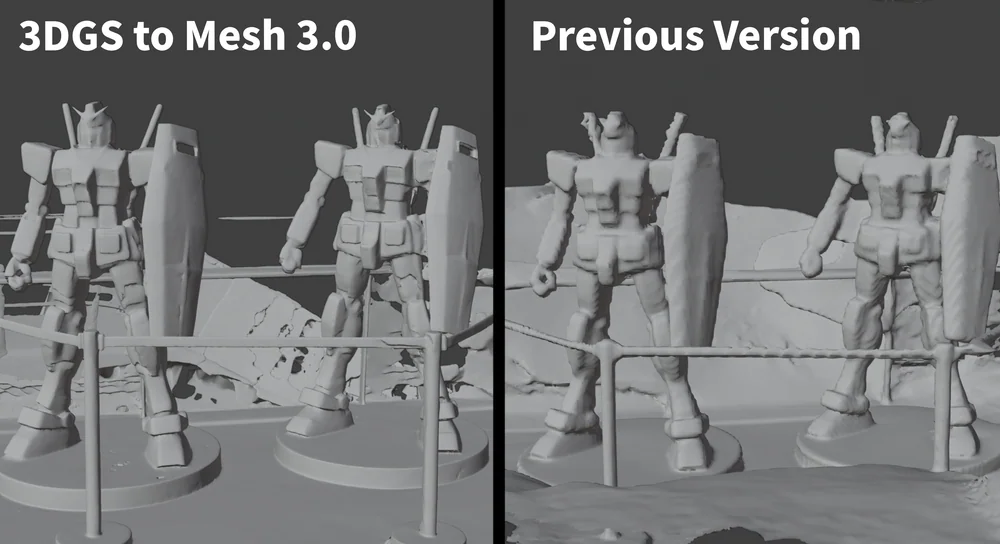 Gundam model comparison: 3DGS to Mesh 3.0 vs previous version — thin stanchions survive in 3.0