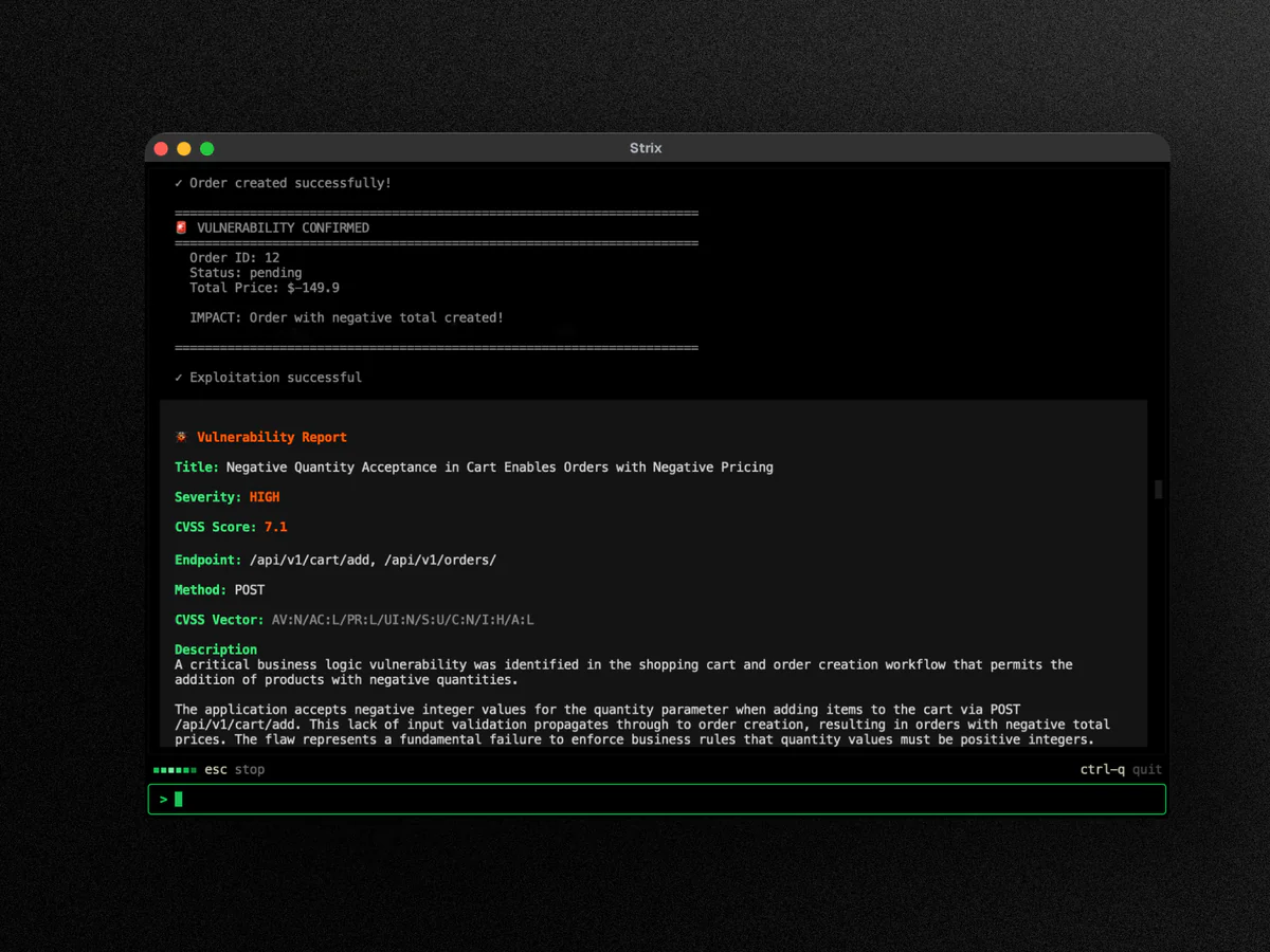 Strix TUI validating a business-logic vulnerability: negative-quantity cart pricing, CVSS 7.1 HIGH