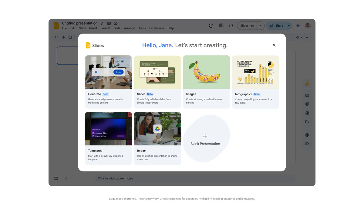 Google Slides sinh toàn bộ deck có thể chỉnh sửa trong một lần prompt với template công ty