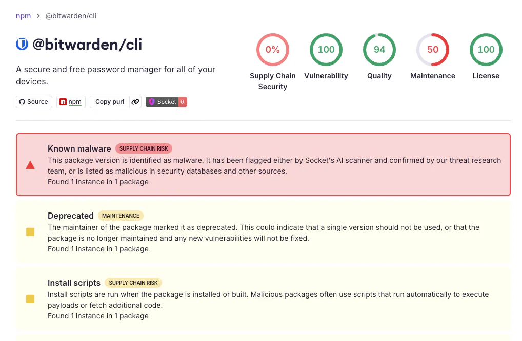 Socket.dev flag bản @bitwarden/cli 2026.4.0 là malware known
