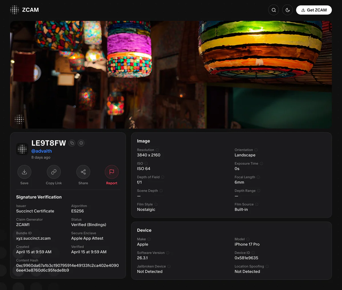 ZCAM app verification screen on iPhone