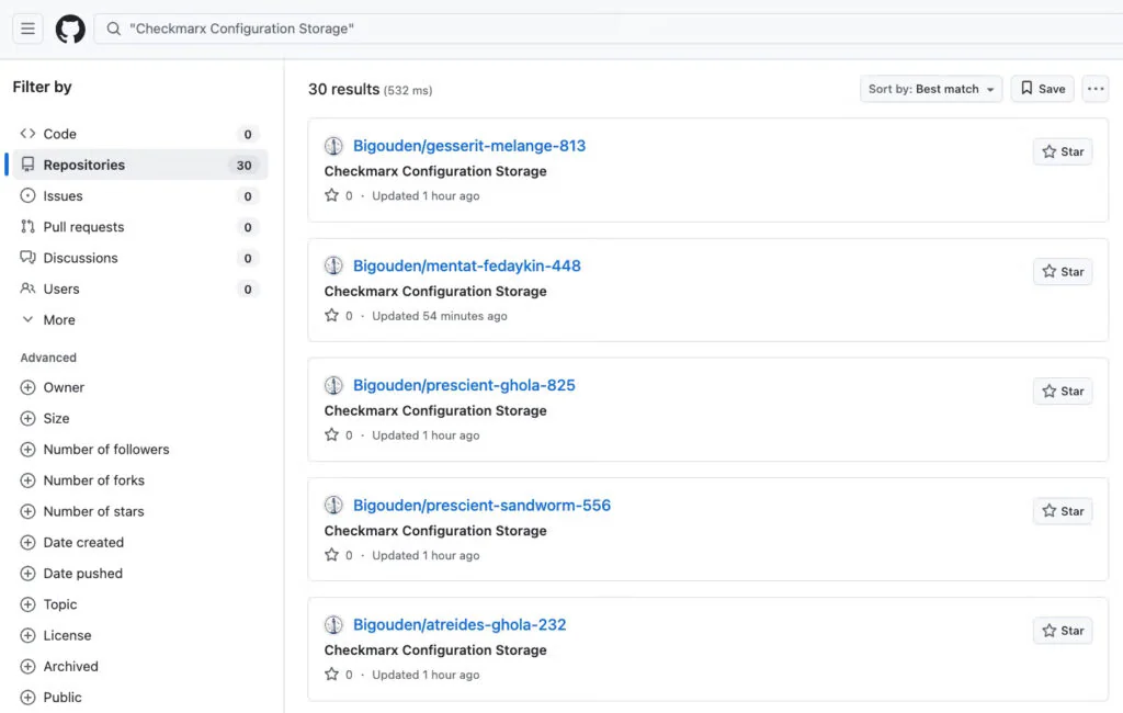 Các repo GitHub public do kẻ tấn công tạo để chứa secret, đặt tên theo chủ đề Dune