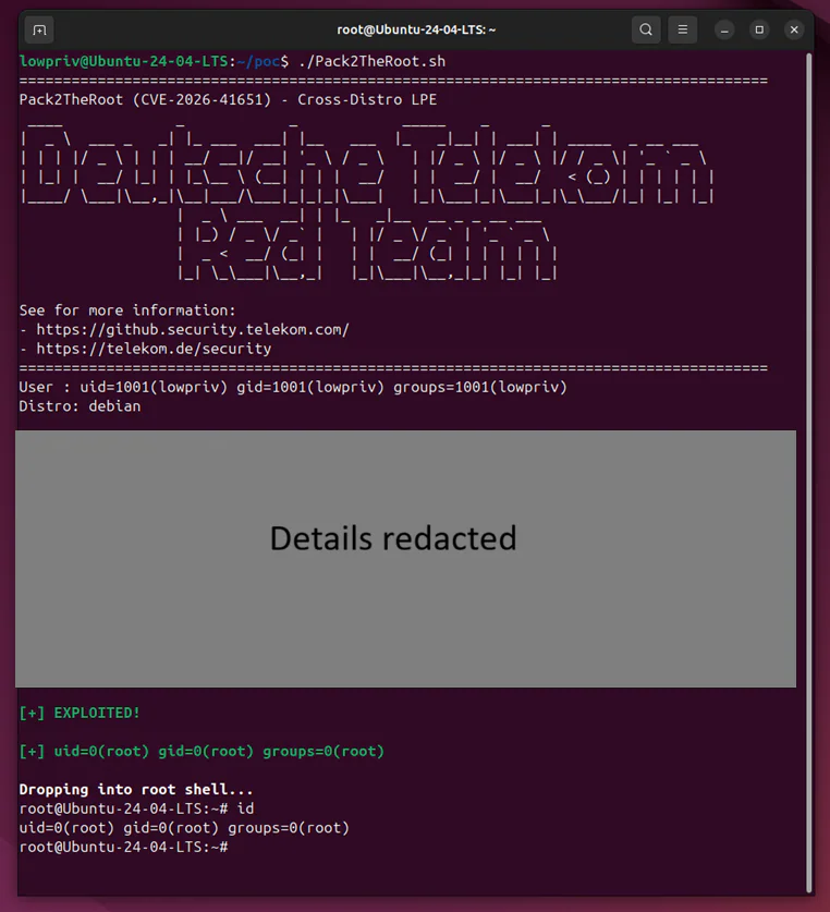 POC terminal output: lowpriv user drops SUID bash and becomes root via PackageKit race