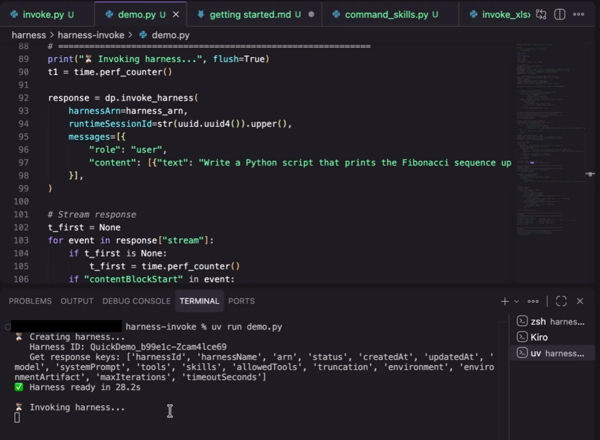 AgentCore managed harness invoke demo — harness ready in 28.2s