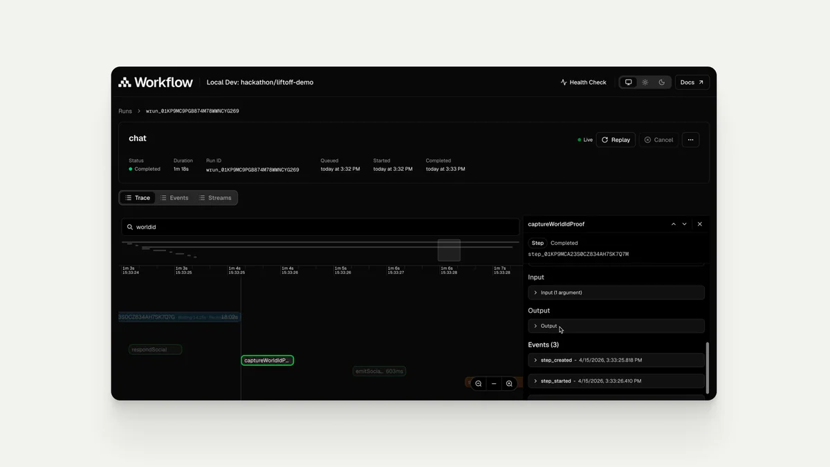 Vercel Workflow SDK trace hiển thị step captureWorldIdProof trong agent run