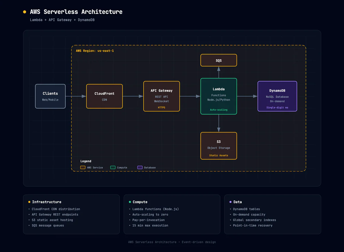 AWS serverless architecture — Lambda + API Gateway + DynamoDB với region boundary dashed amber
