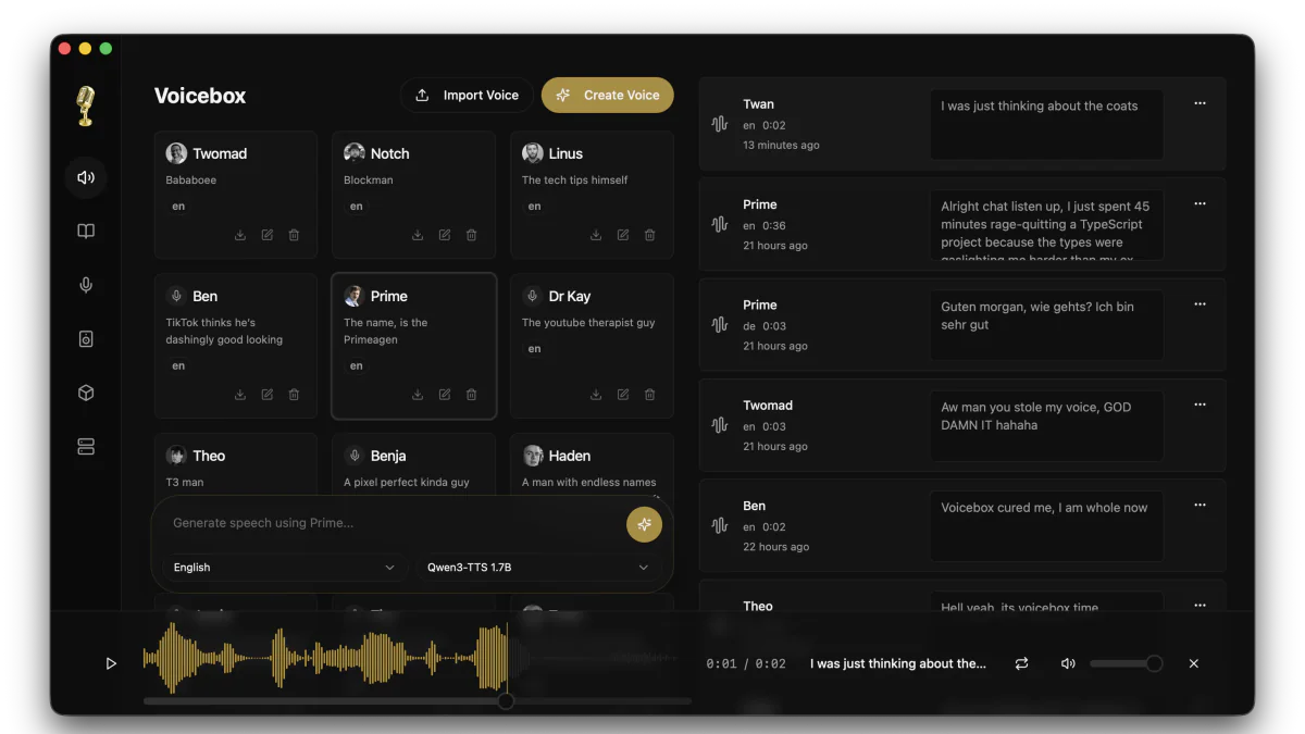 Voicebox desktop app — voice profiles and generation panel