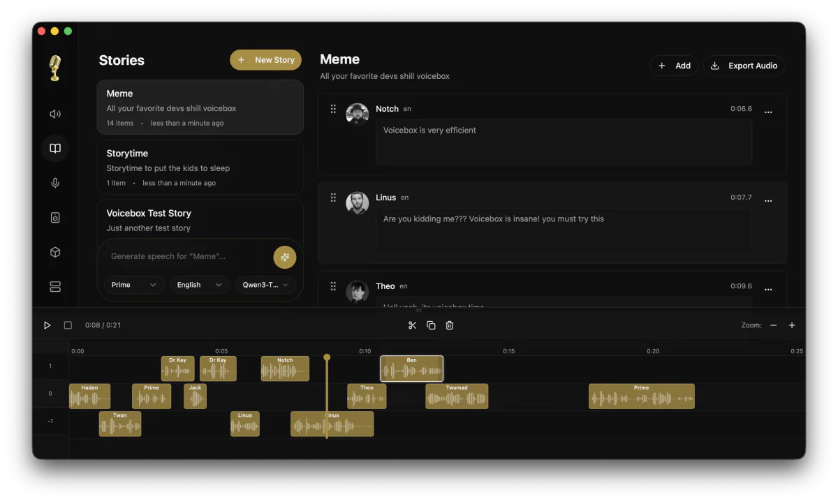 Voicebox Stories editor — multi-track timeline