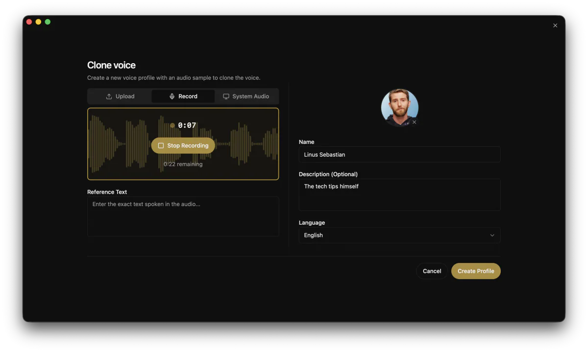 Voicebox clone-voice dialog — record a 30s sample