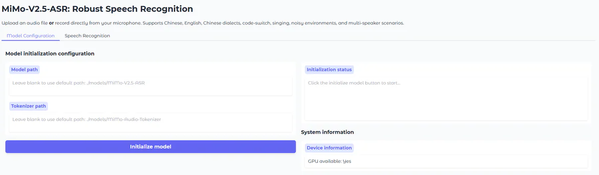 MiMo-V2.5-ASR Gradio demo interface with audio upload and language auto-detect