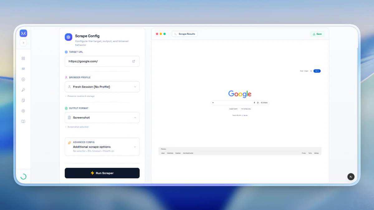 HeadlessX dashboard với scrape config và kết quả Google SERP