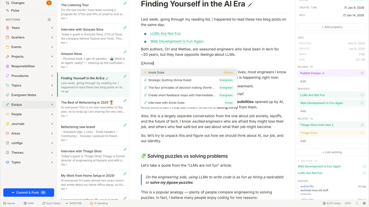 Giao diện Tolaria với sidebar, danh sách note và editor