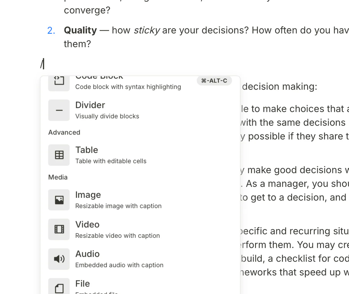 Block editor với slash commands trong Tolaria