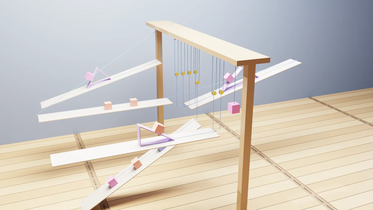 Ví dụ scene MuJoCo: khối gỗ trên mặt phẳng nghiêng, con lắc và hệ pulley do DSL sinh ra