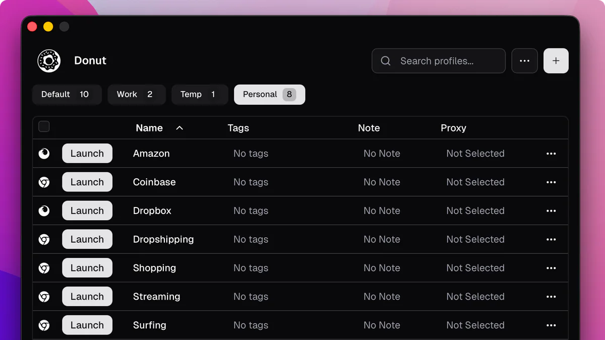 Donut Browser — giao diện quản lý profile với các tab Default, Work, Temp, Personal