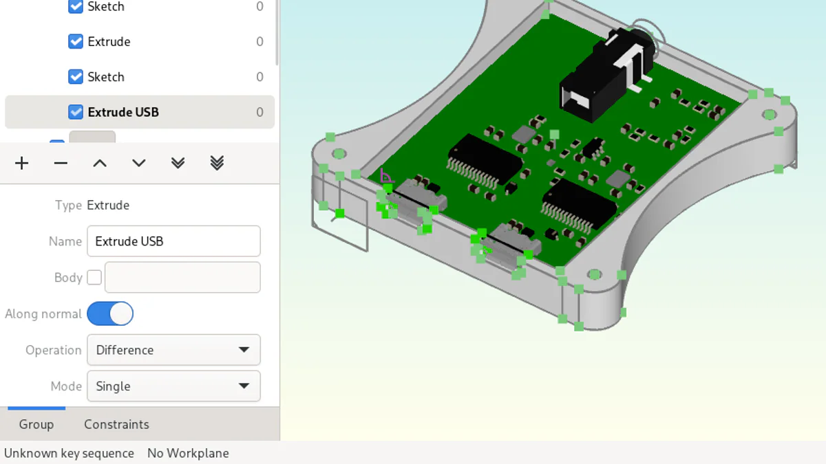 Dune 3D viewport với một PCB nằm trong enclosure xám đang được extrude