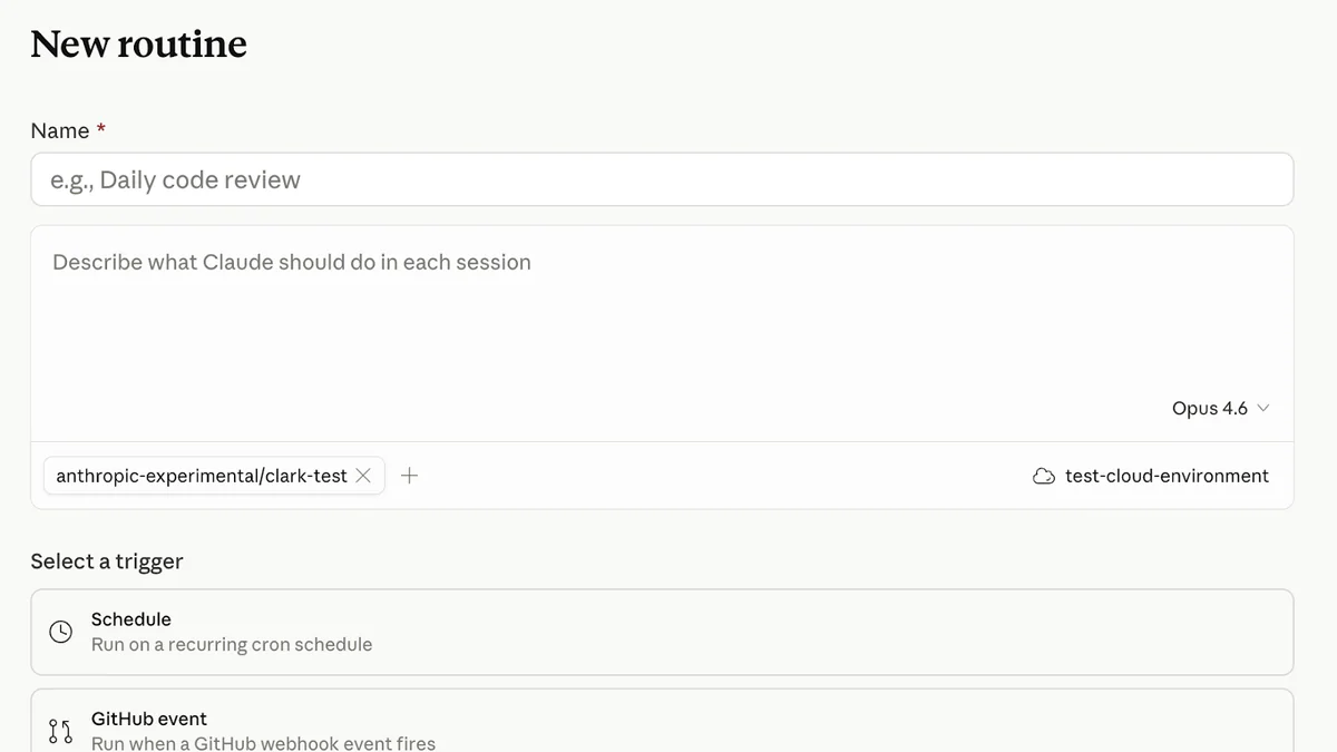 Giao diện New routine trong Claude Code — chọn Schedule, GitHub event hoặc API trigger