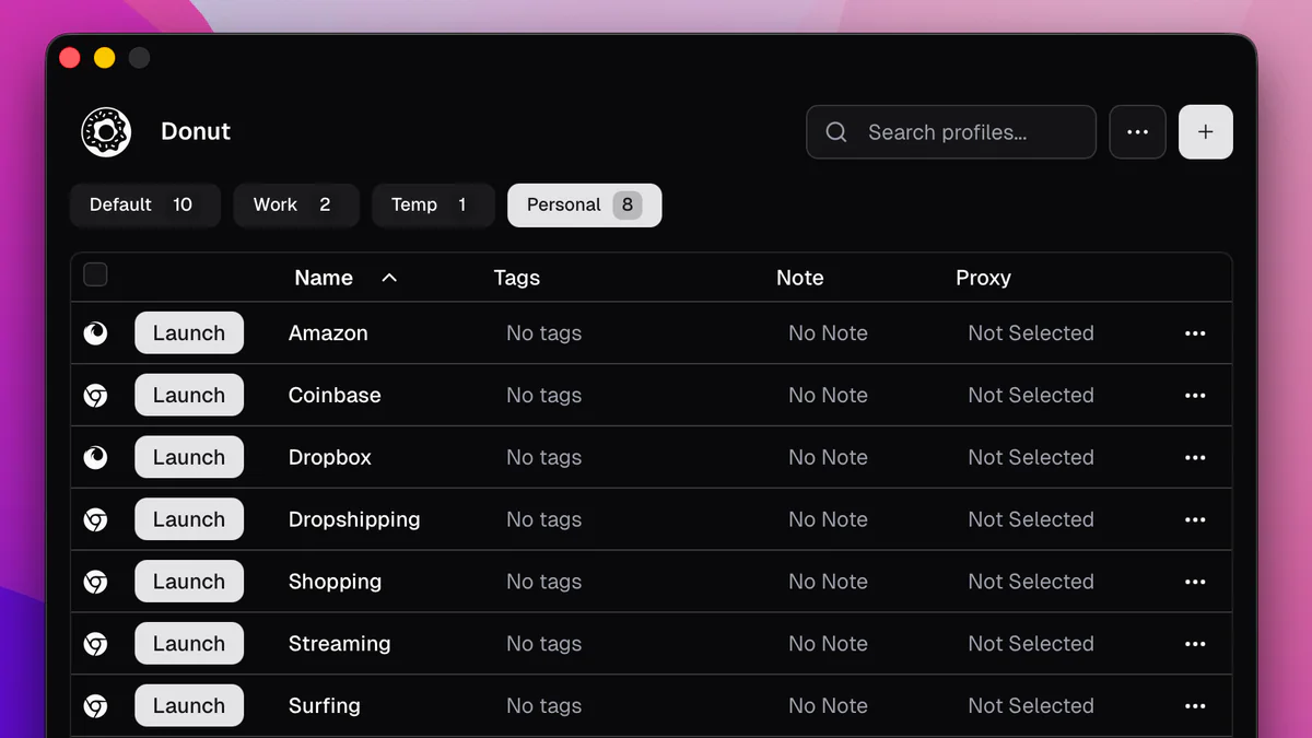 Donut Browser profile manager UI