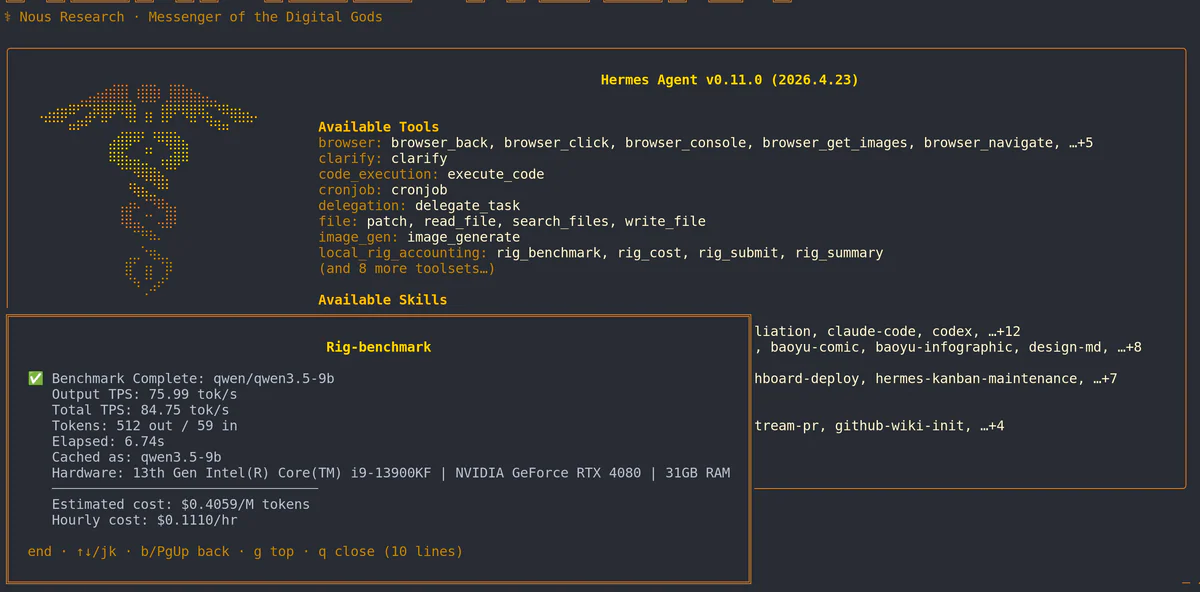 Output rig-benchmark hiển thị TPS và per-token cost cho qwen3.5-9b