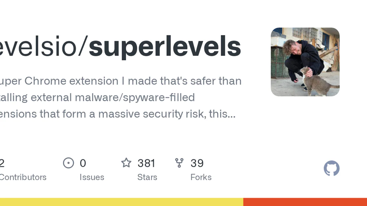 levelsio/superlevels GitHub repo card — 381 stars, 39 forks