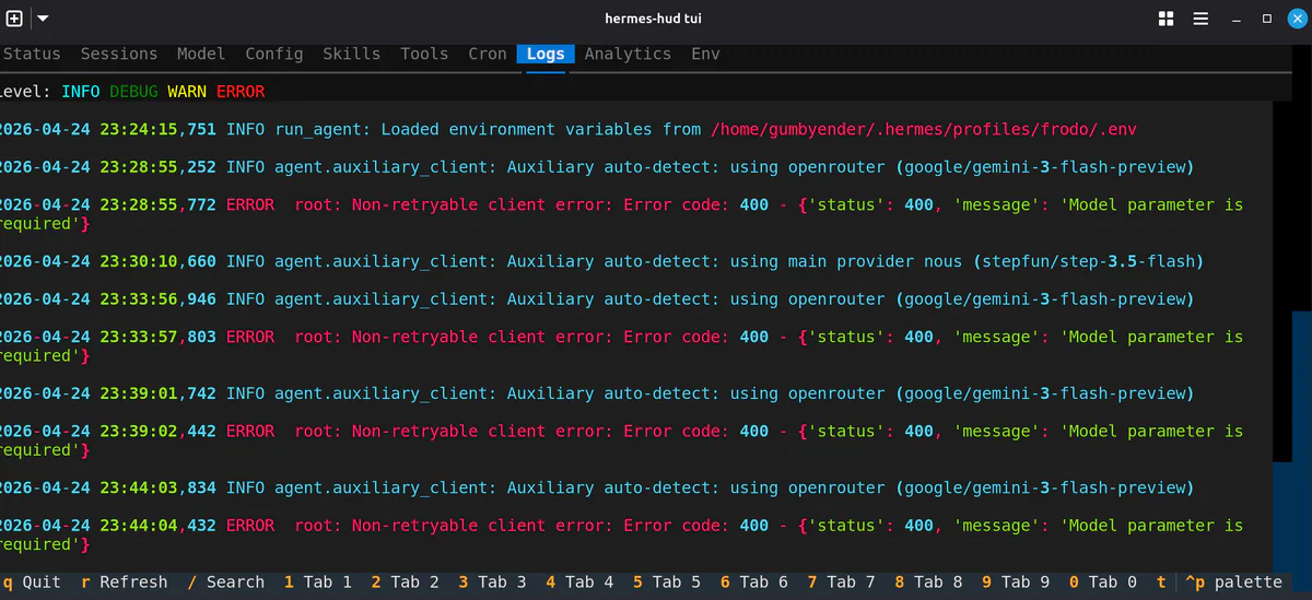 Live logs panel với output color-coded theo level INFO/DEBUG/WARN/ERROR