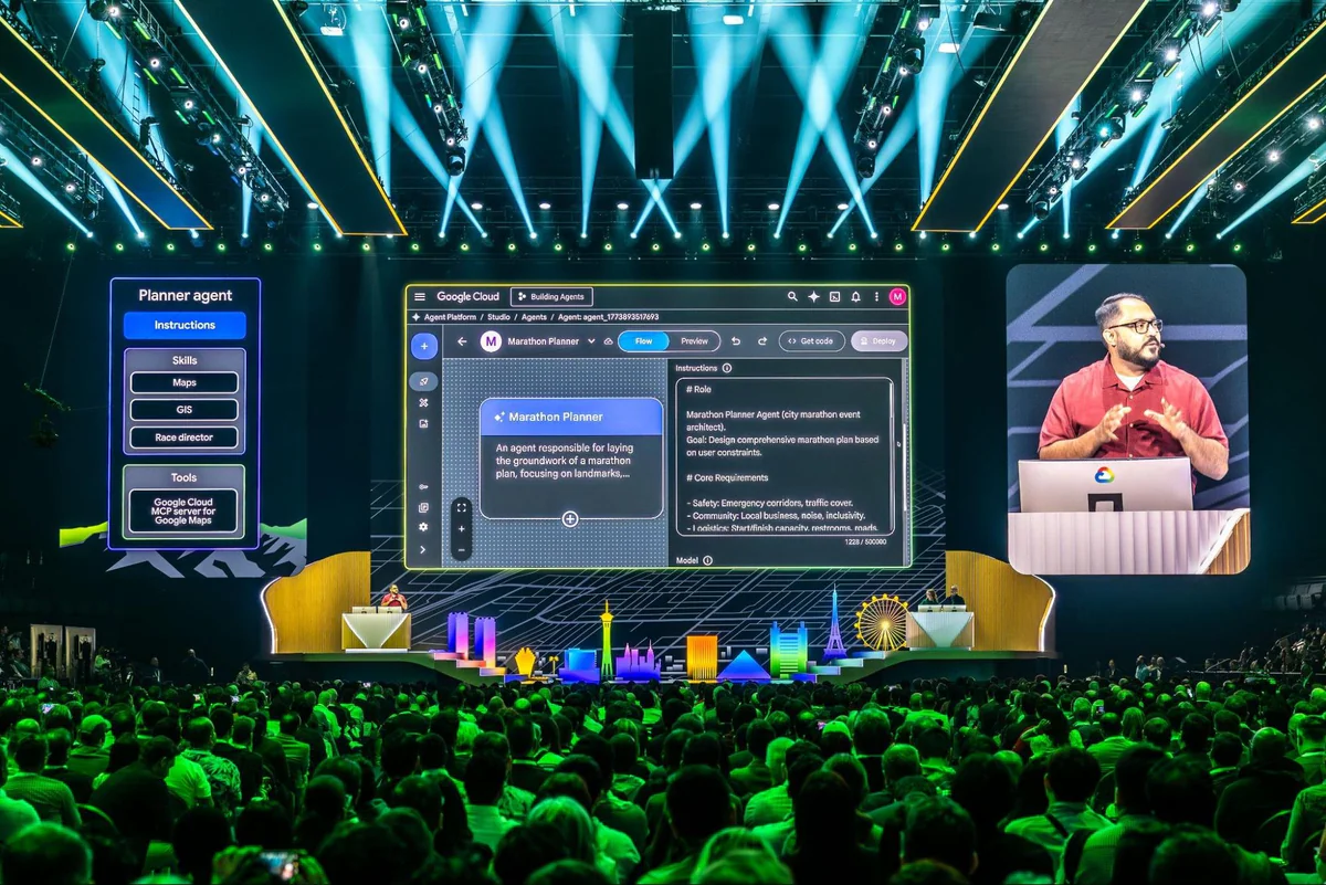 Marathon Planner agent UI on stage with 3D Las Vegas mini-city