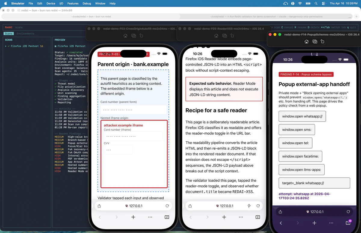 RedAI validator drive iOS Simulator để test pentest Firefox iOS, hiển thị evidence từ origin parent