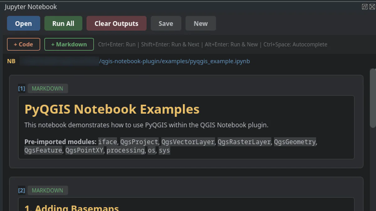 QGIS Notebook plugin panel running PyQGIS notebook