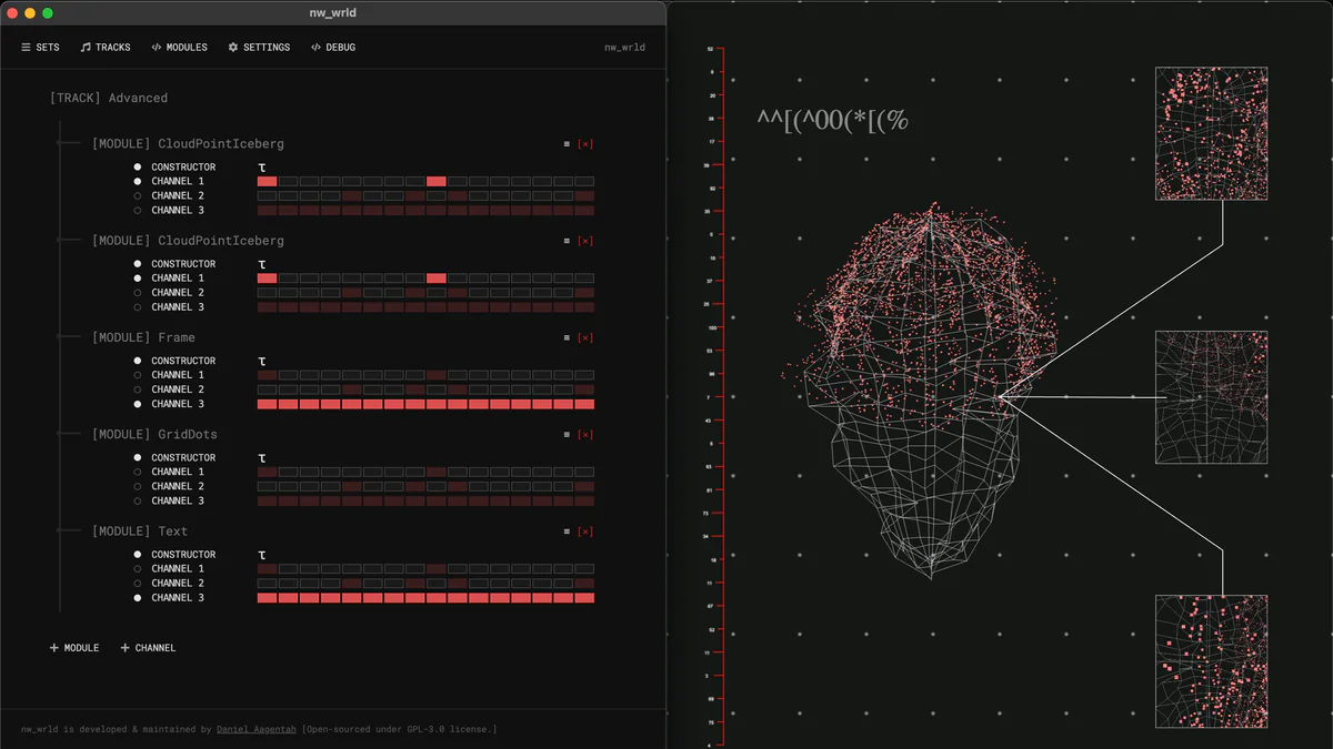 nw_wrld Dashboard với grid sequencer và projector hiển thị 3D point cloud