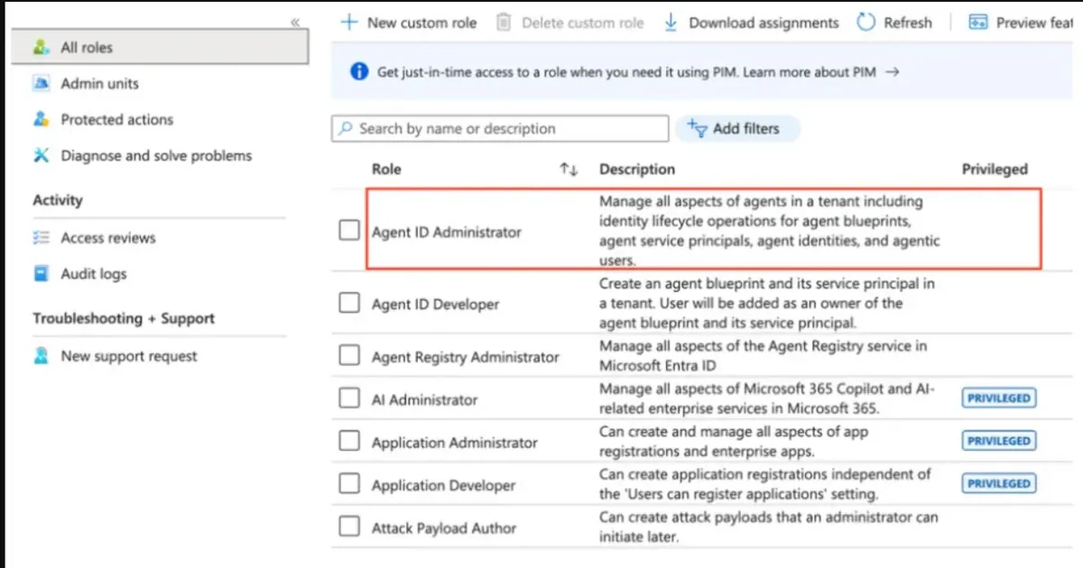 Agent ID Administrator role không được flag là Privileged trong UI Entra