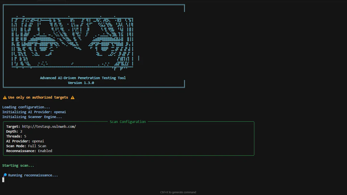 Deep Eye CLI banner v1.3.0 với cấu hình full scan và AI provider OpenAI