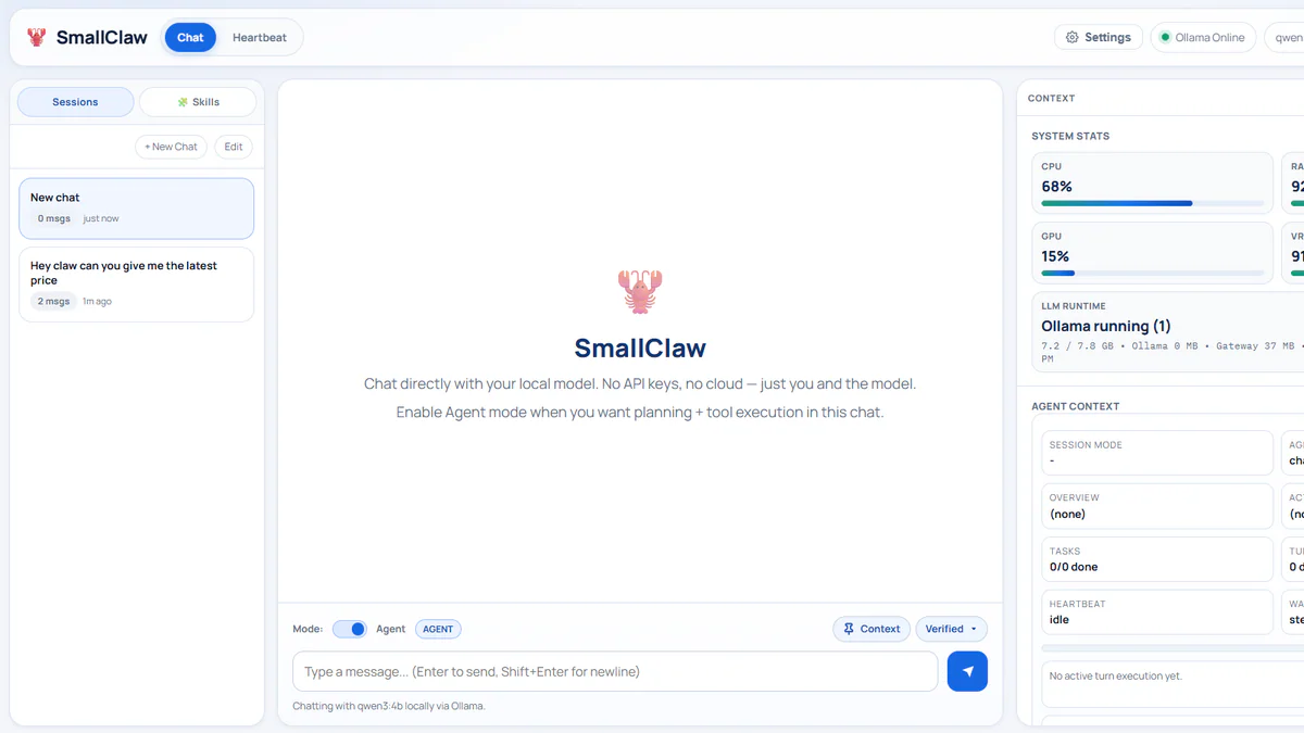 Giao diện web SmallClaw chạy qwen3:4b qua Ollama
