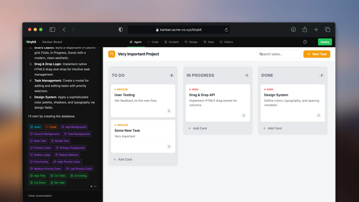 TinyKit Studio đang build một app Kanban board