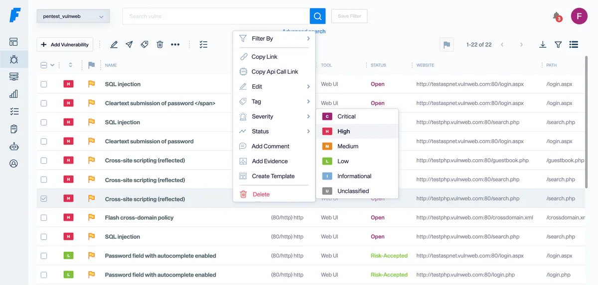 Faraday vulnerability management UI với danh sách lỗ hổng, severity và menu thao tác