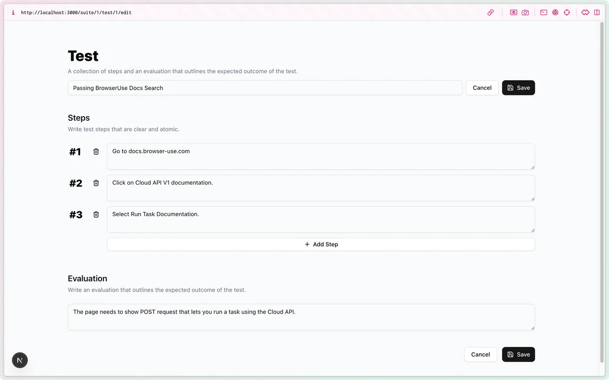 Test editor trong qa-use — viết step + evaluation bằng tiếng Anh