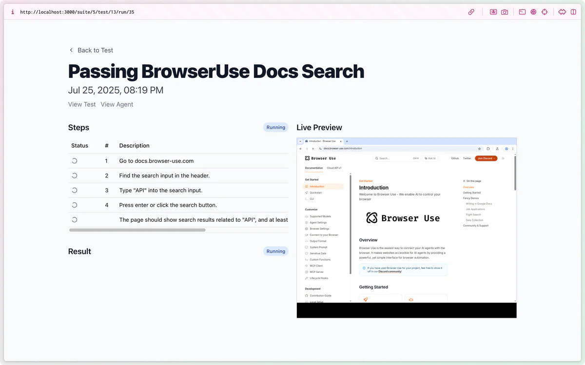 Test run đang chạy với live preview Chromium và step status