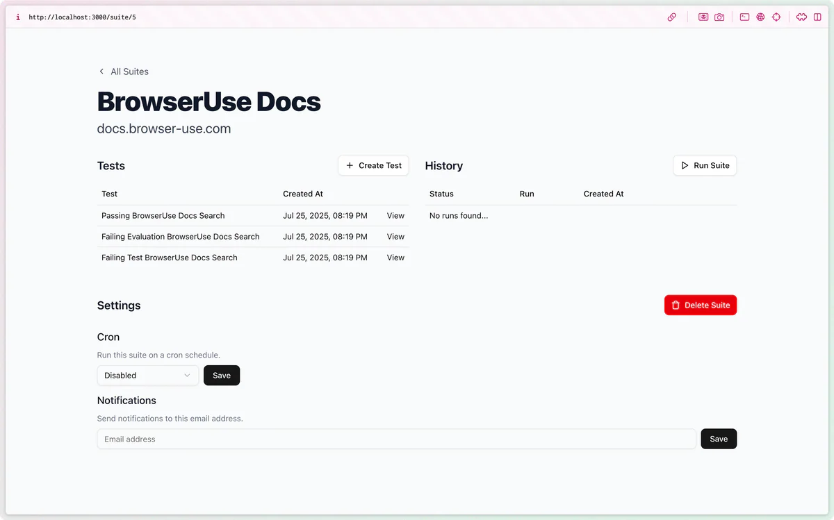 Suite dashboard — tests, history, cron schedule, notifications