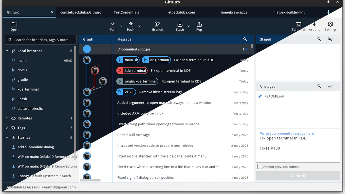 Gitnuro UI showing branches, commit graph and staged files