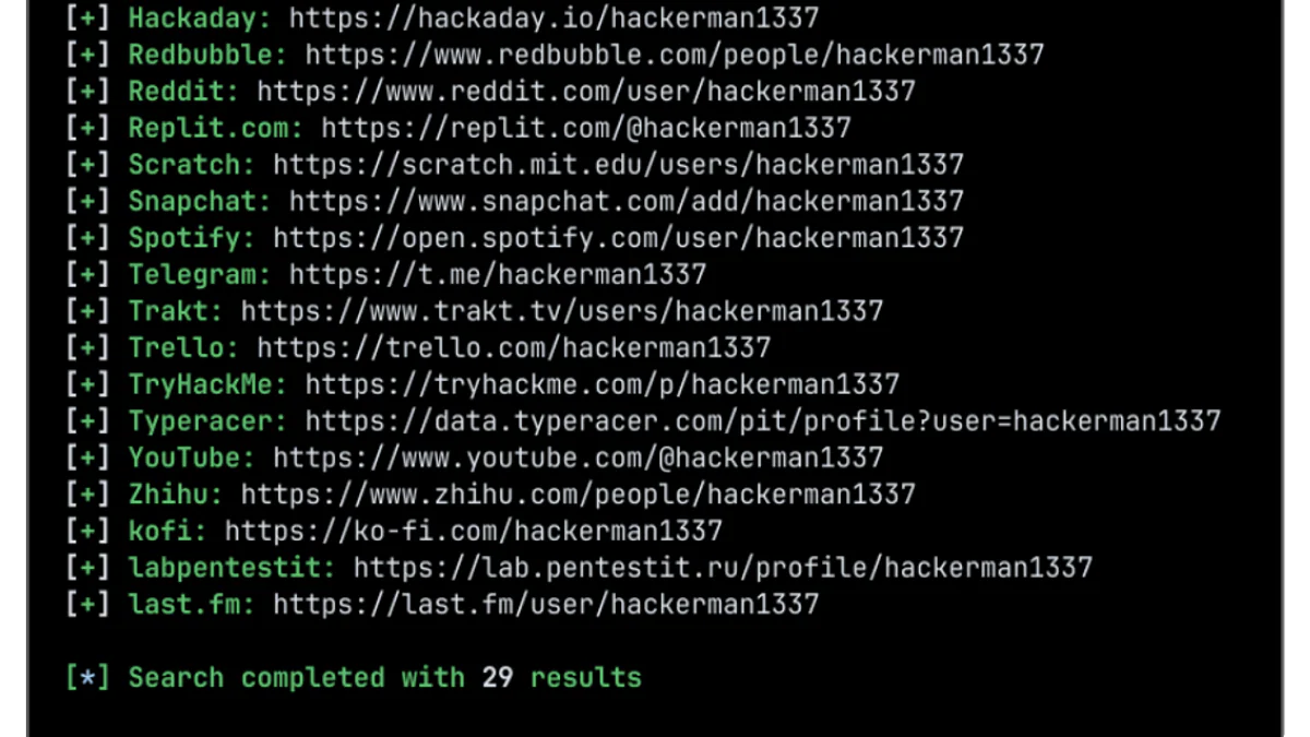 Sherlock CLI quét username hackerman1337 trên các nền tảng và trả về 29 kết quả