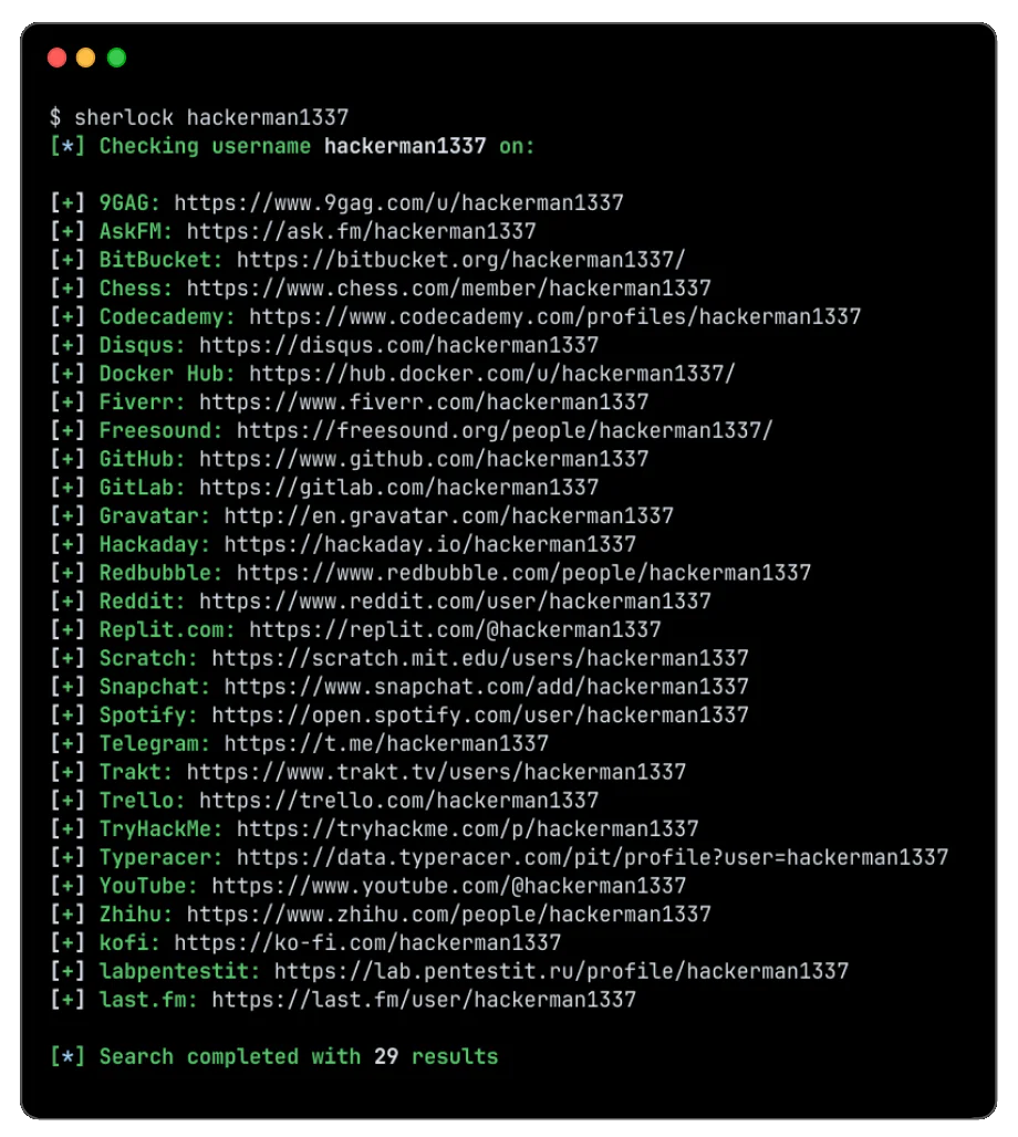 Sherlock CLI scanning a username across 400+ platforms
