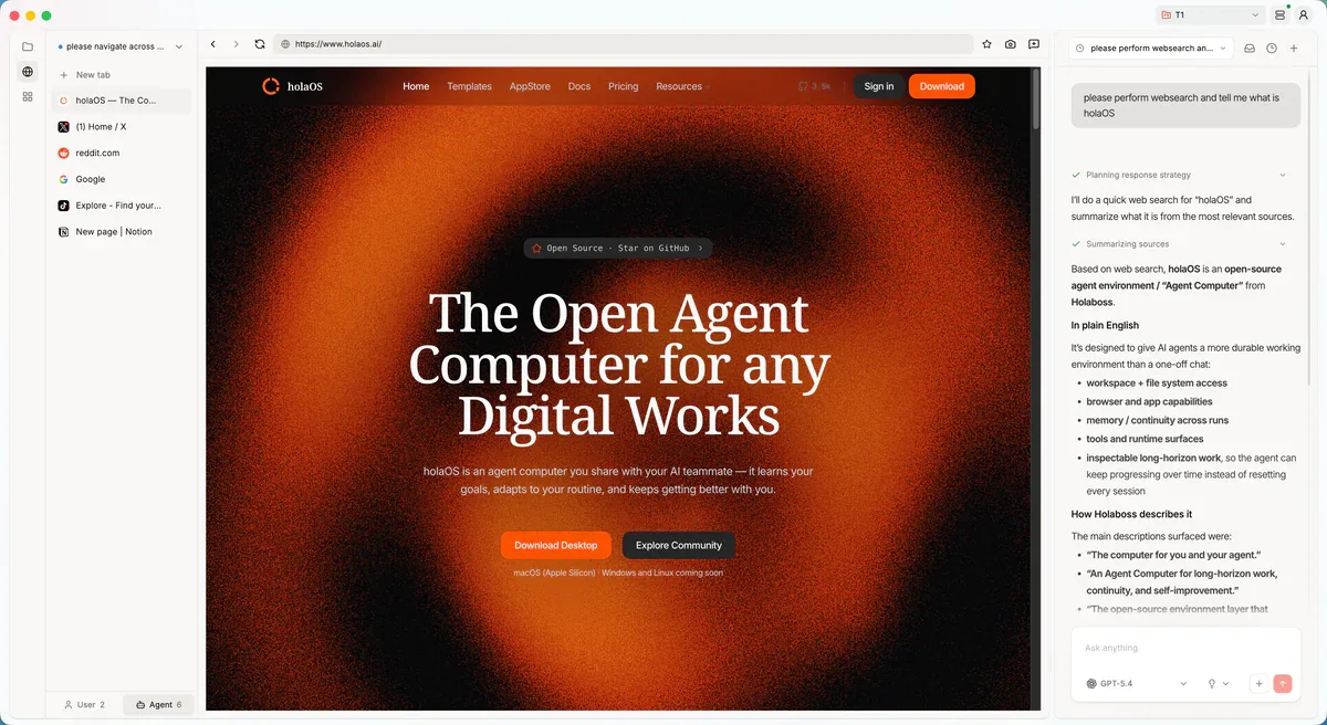 holaOS desktop workspace interface