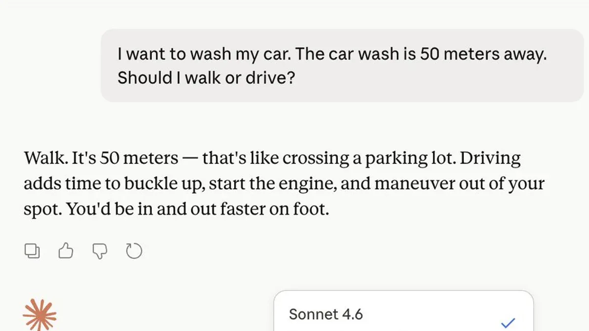 Claude Sonnet 4.6 trả lời Walk khi được hỏi câu Car Wash Test