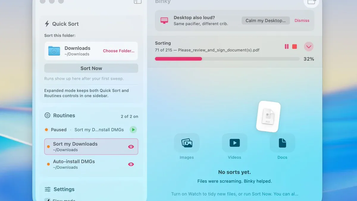 Binky app - Quick Sort và Routines trên macOS