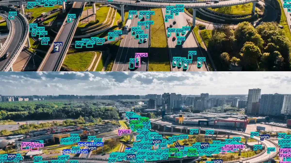 YOLO26 + SAHI phát hiện xe cộ từ drone - top: không SAHI, bottom: có SAHI